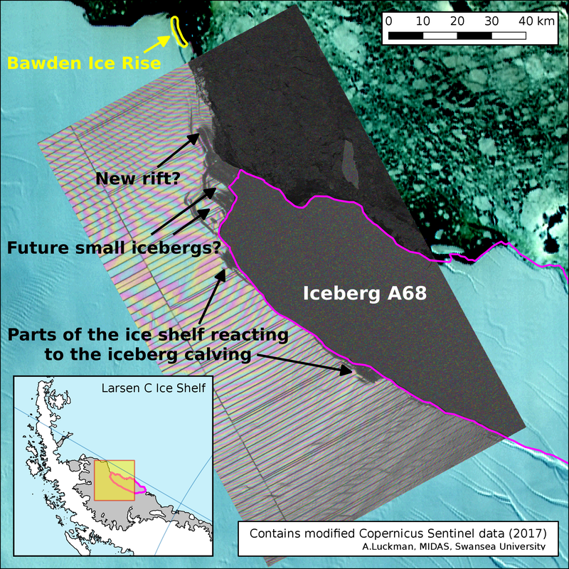 Map of Larsen C, overlaid with NASA MODIS thermal image from July 12 2017, showing the iceberg has calved. (Image: Project MIDAS)